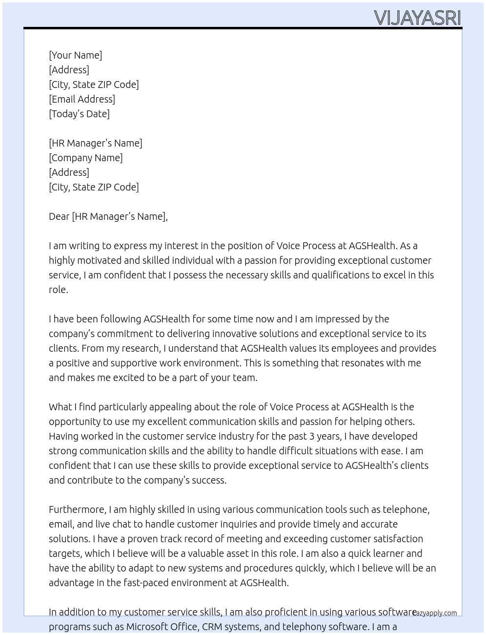 voice process At agshealth Cover Letter