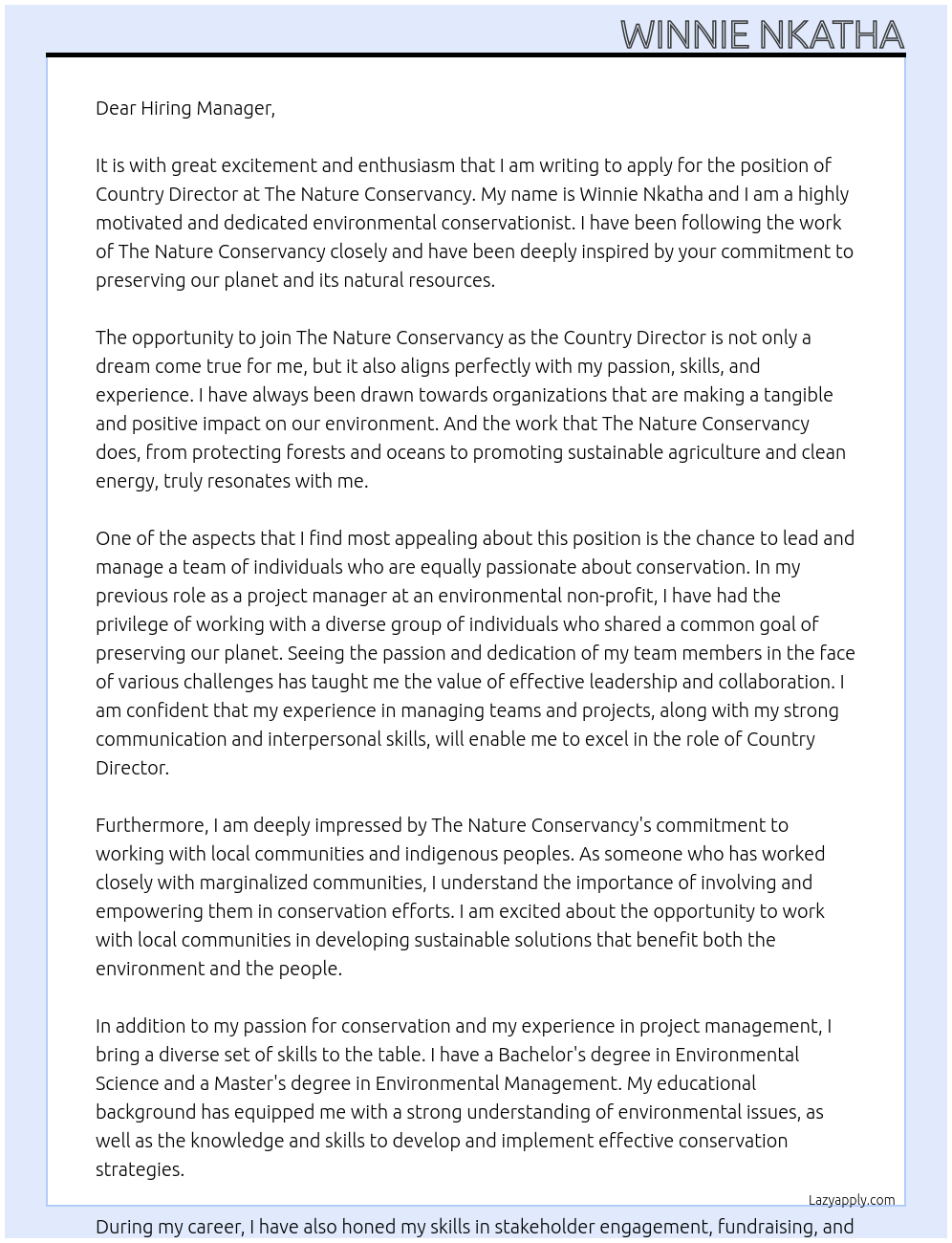 Country director  At The Nature Conservancy  Cover Letter