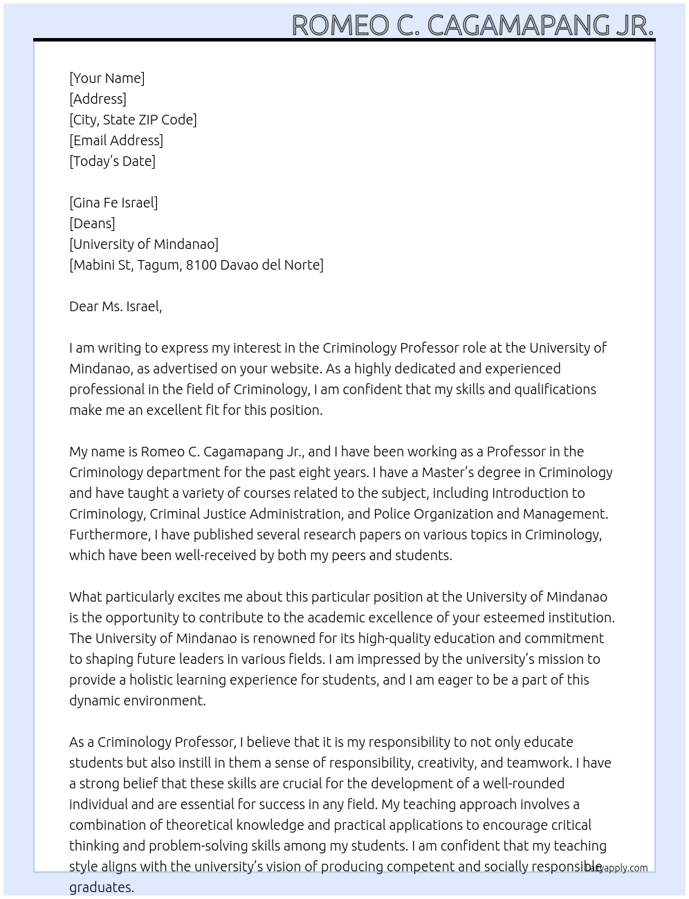 Professor At University of mindanao Cover Letter