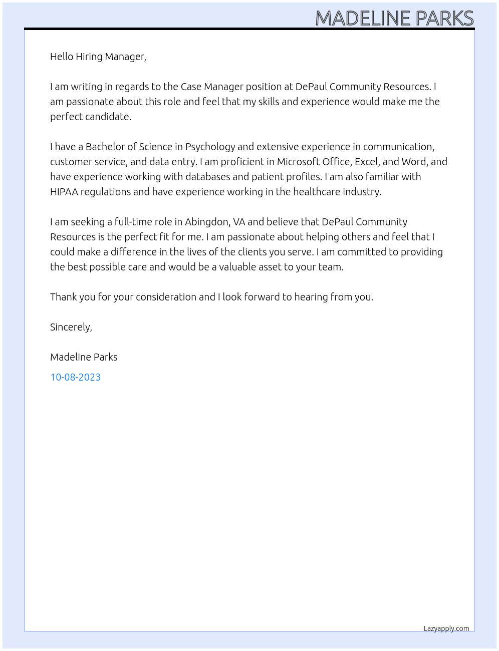 Case Manager At DePaul Community Resources Cover Letter