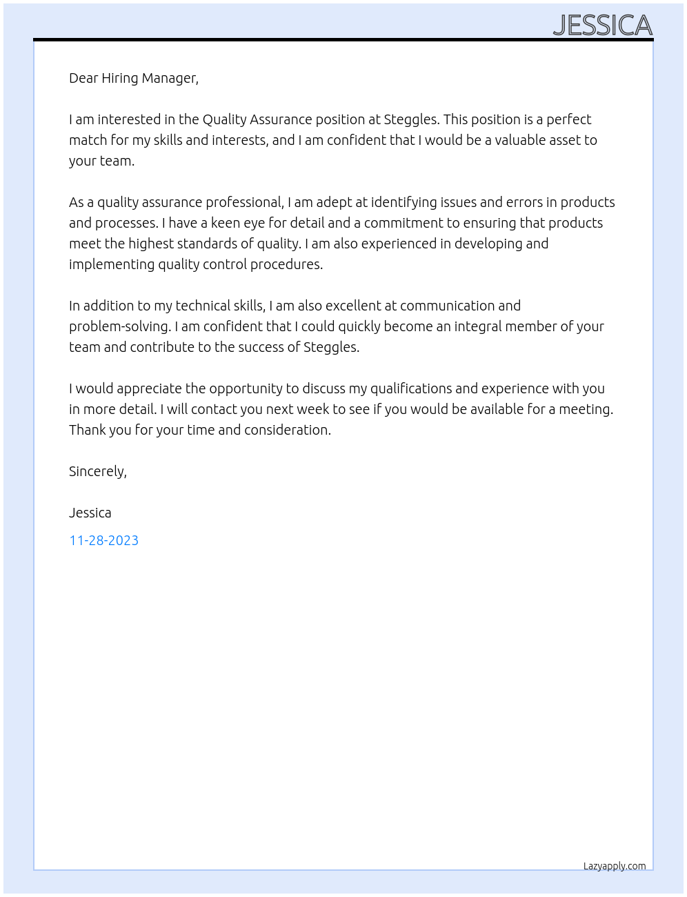 Quality assurance  At Steggles Cover Letter