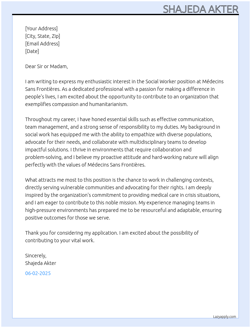 Social worker At Medecins sans frontieres Cover Letter