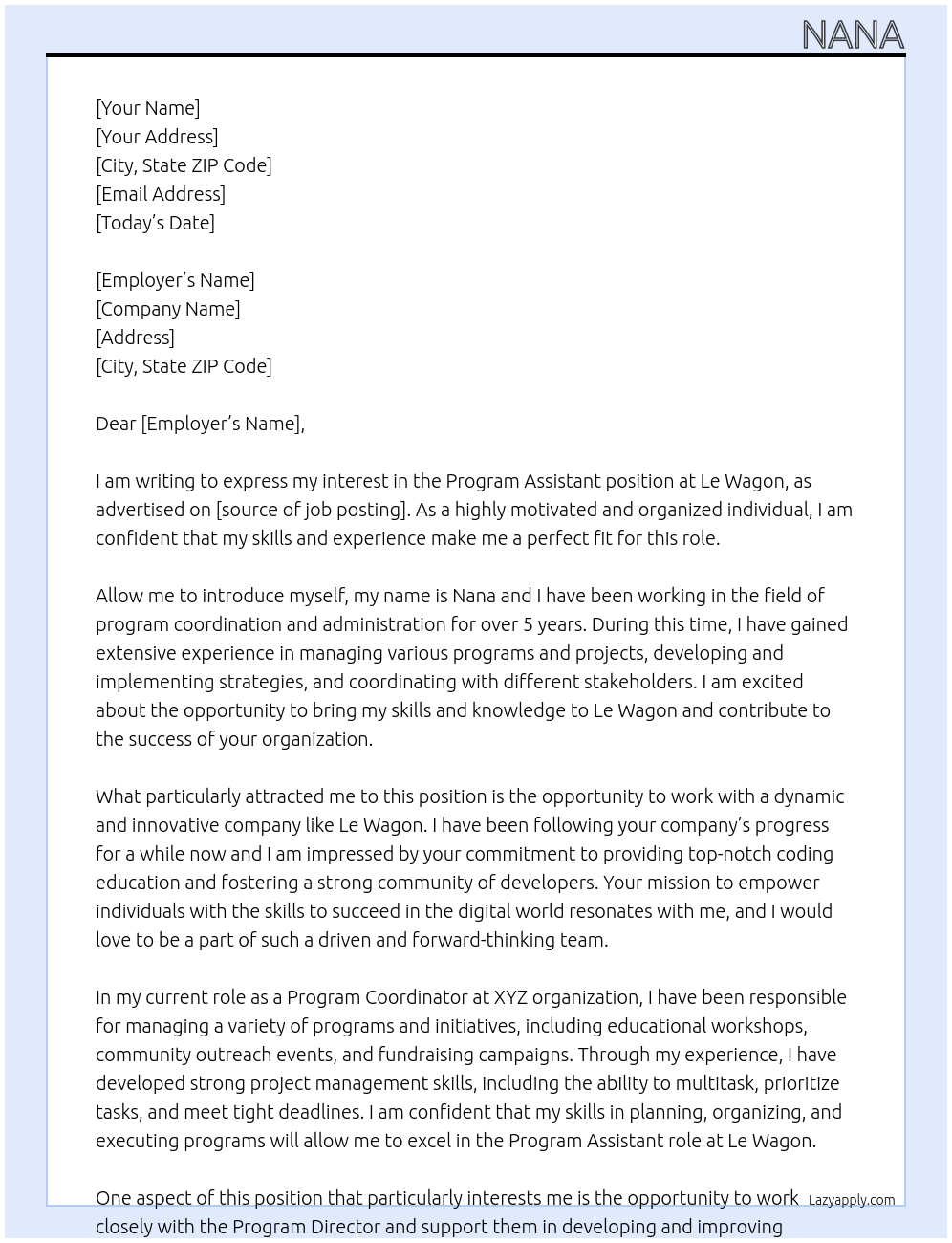 program assistant At Le wagon Cover Letter