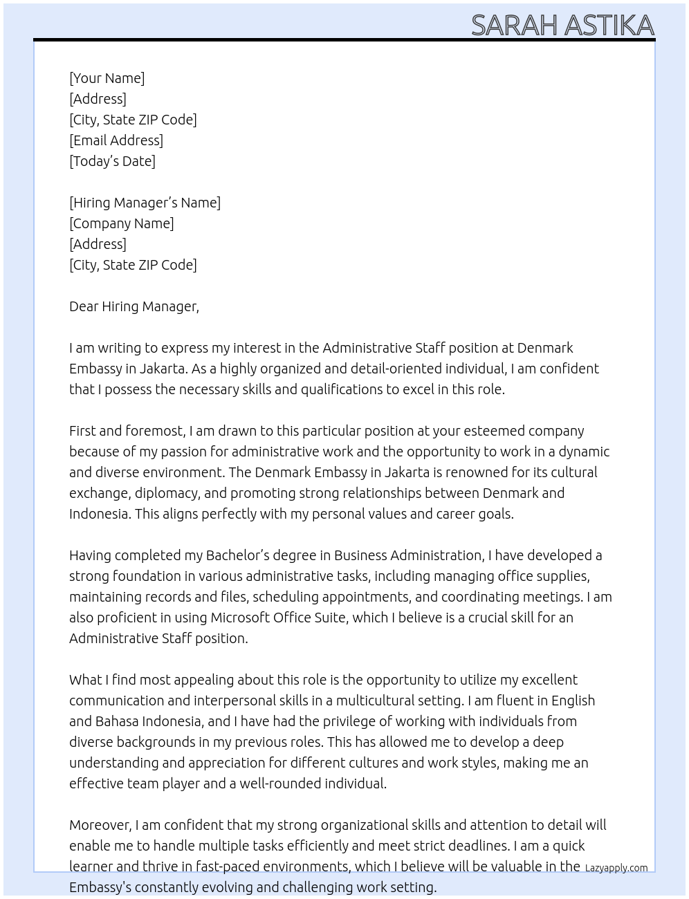 Administrative Staff At Denmark Embassy in Jakarta Cover Letter