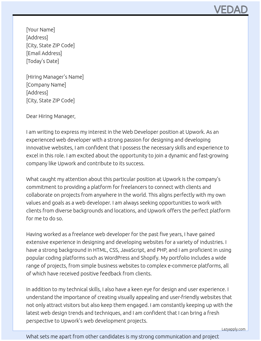 web developer At Upwork Cover Letter