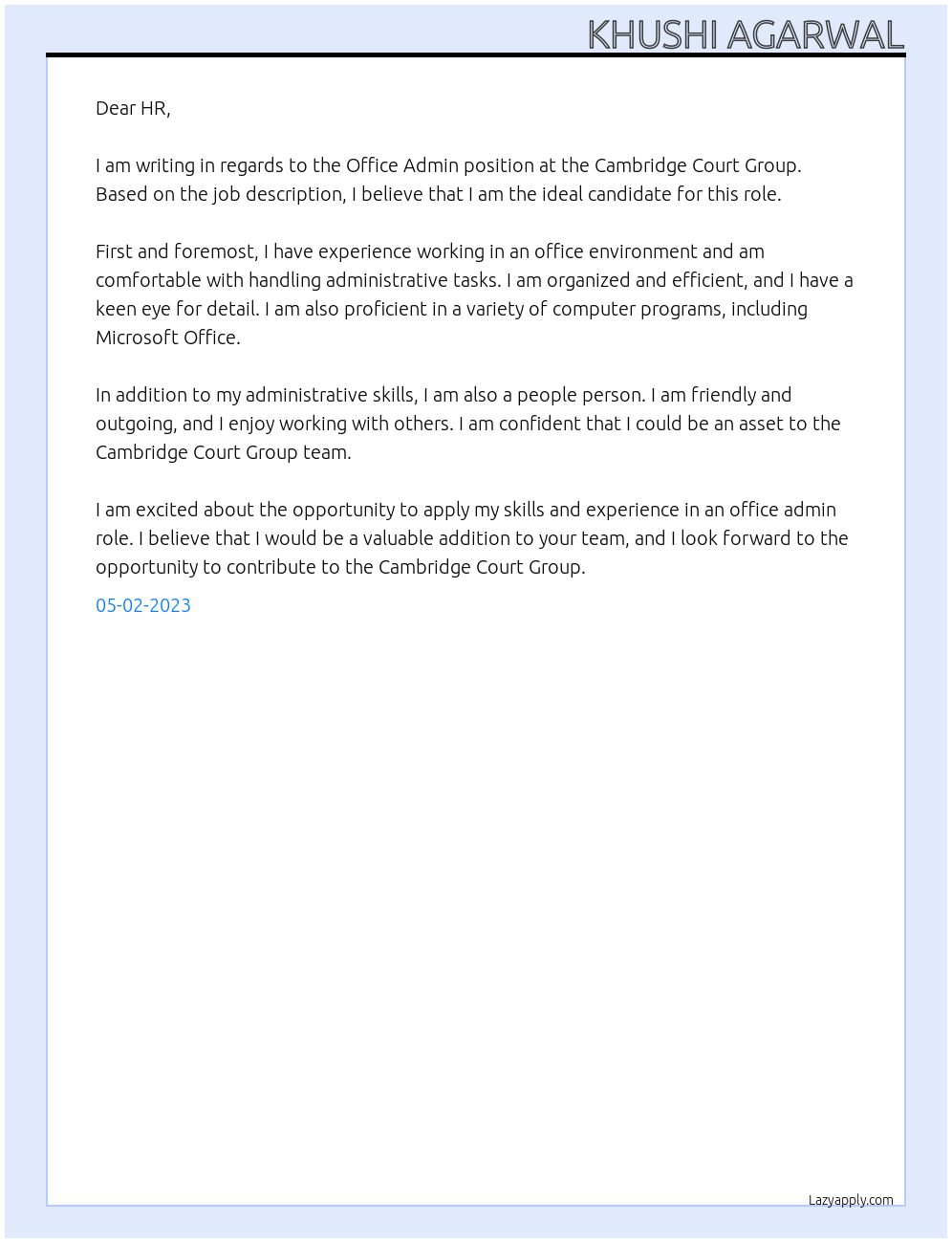 office admin At CAMBRIDGE COURT GROUP Cover Letter