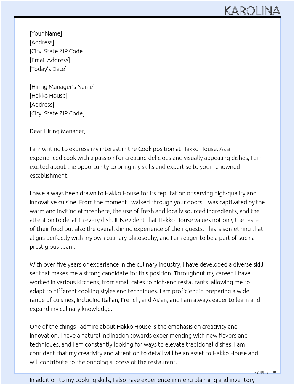 Cook At Hakko House Cover Letter