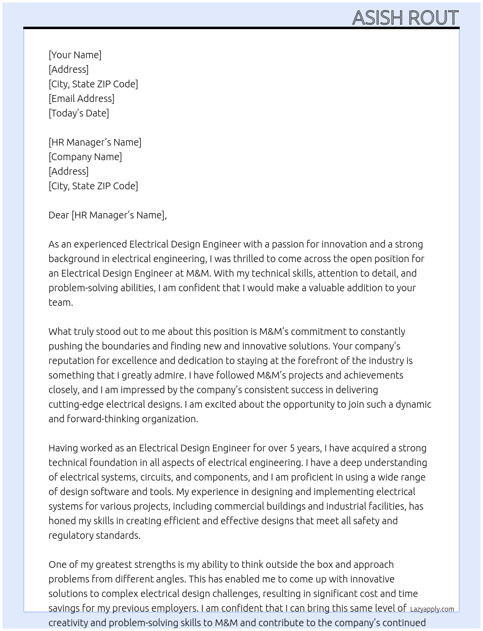 Electrical Design Engineer At M&M Cover Letter