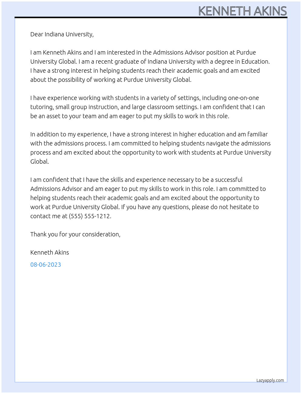 Admissions Advisor At Purdue University Global Cover Letter