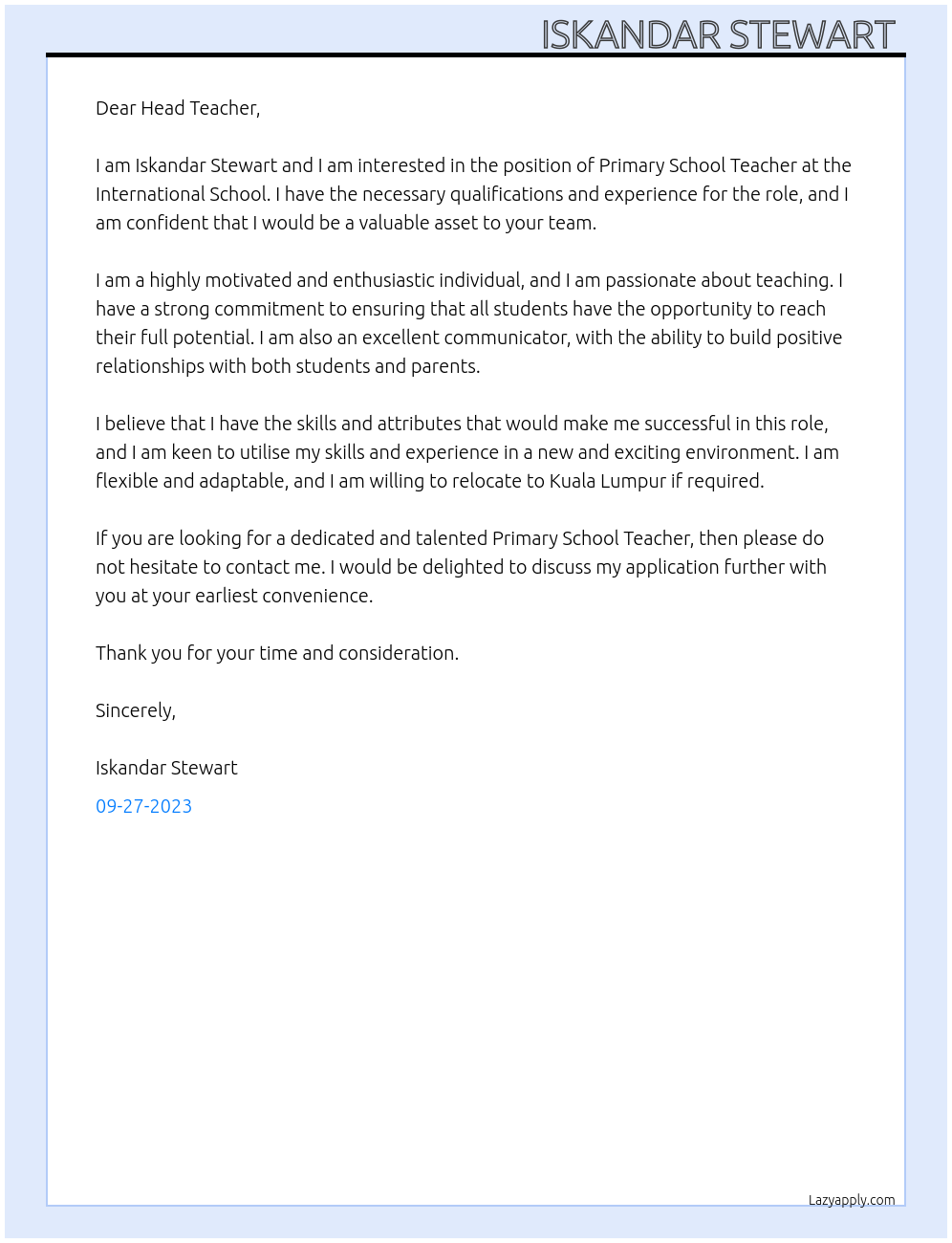 Primary school teacher At International school Cover Letter