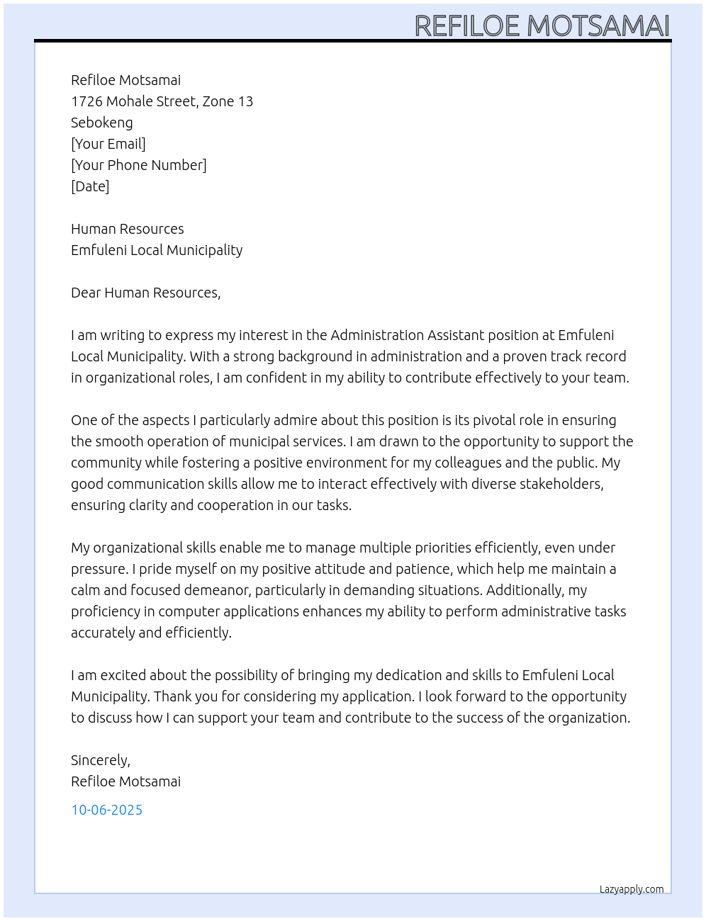 Administration Assistant At Emfuleni Local Municipality Cover Letter