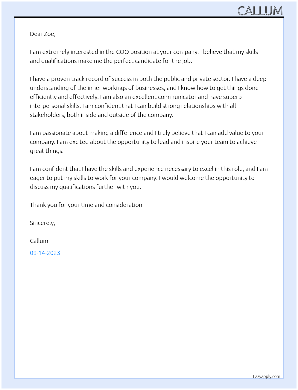 COO At Zoe Cover Letter