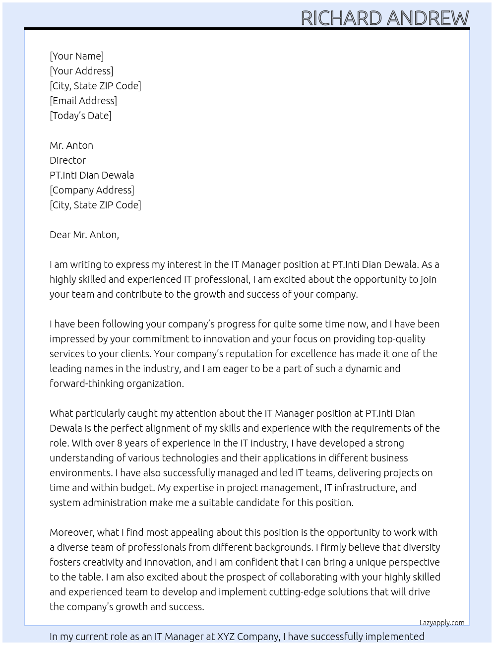 IT Manager At PT.Inti Dian Dewala Cover Letter