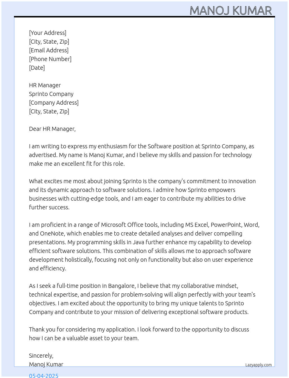 Software At Sprinto company Cover Letter