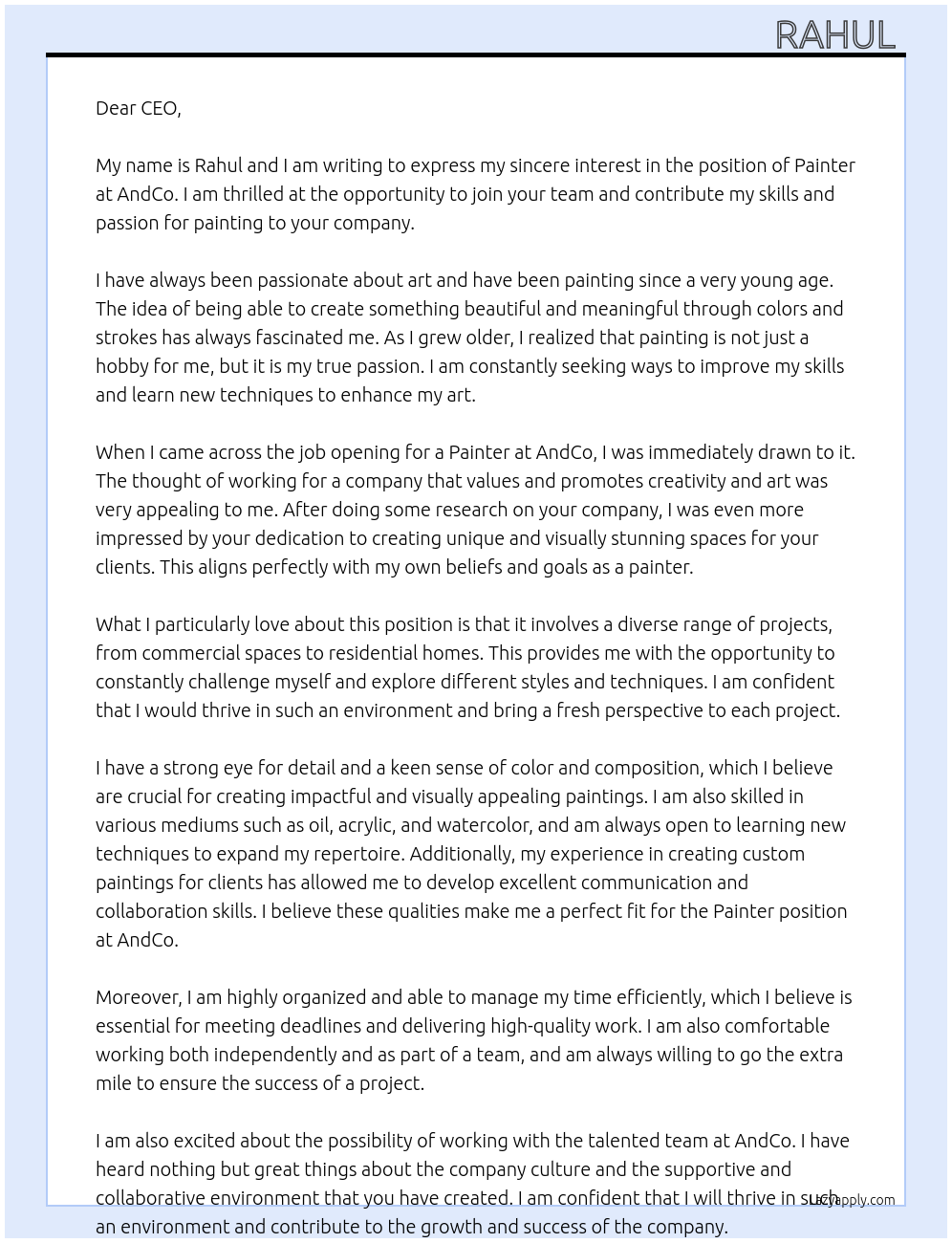 Painter At AndCo Cover Letter