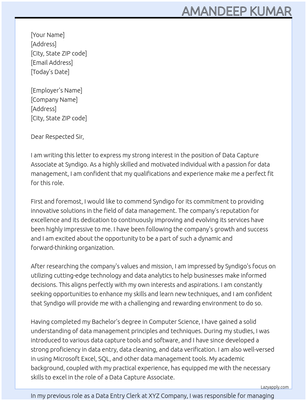 Data Capture Associate At Syndigo Cover Letter