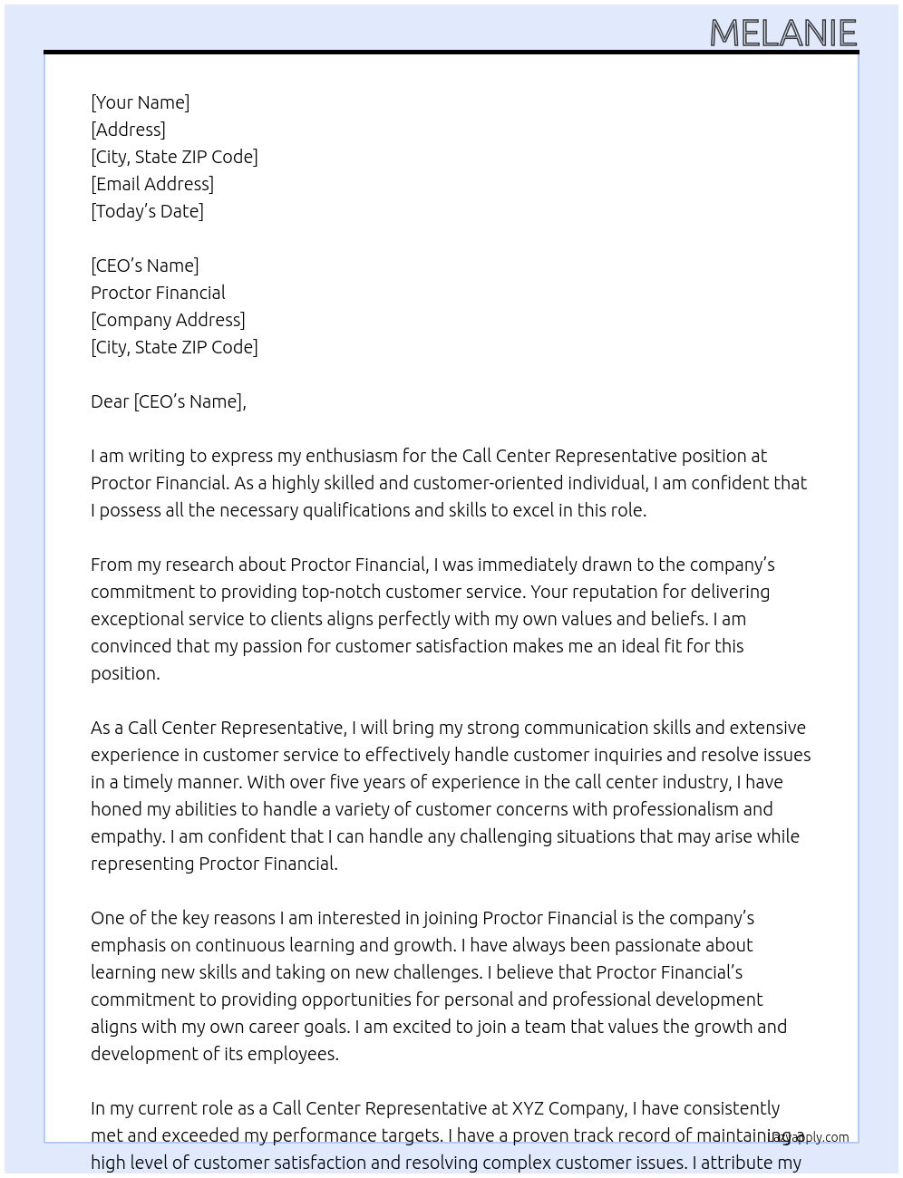 Call Center Representative At Proctor Financial Cover Letter