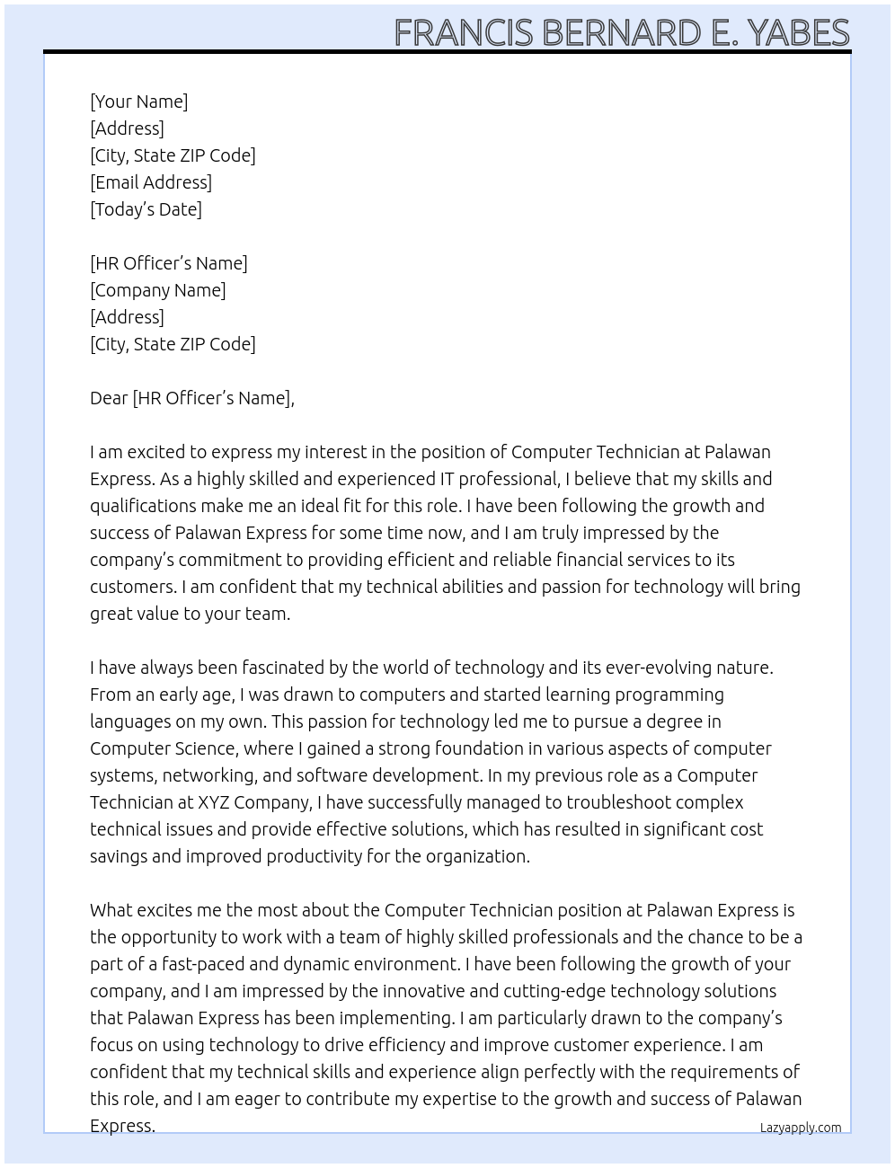 Computer Technician At Palawan Express Cover Letter