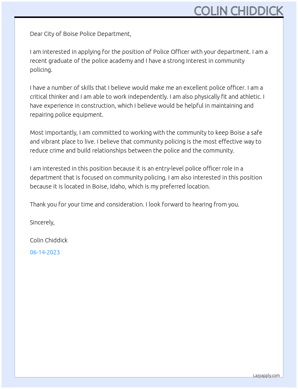 Police officer At Boise Police department Cover Letter
