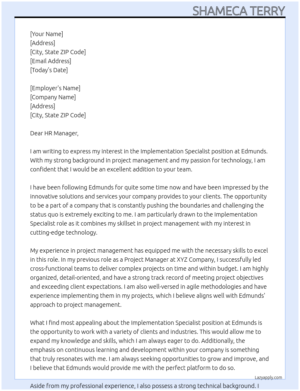 Implementation Specialist At edmunds Cover Letter