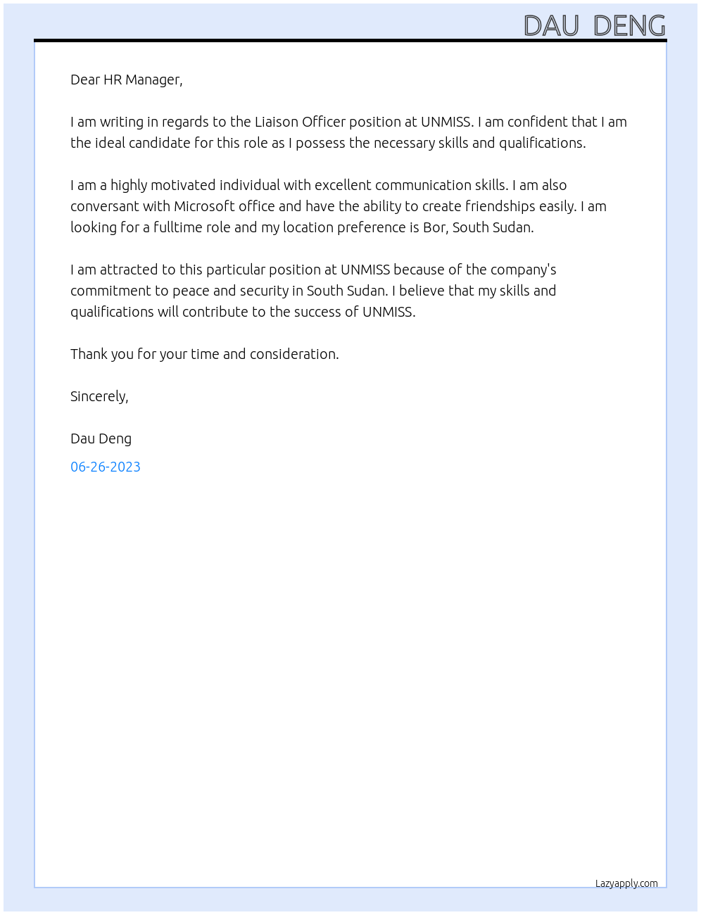 Liaison officer At UNMISS Cover Letter