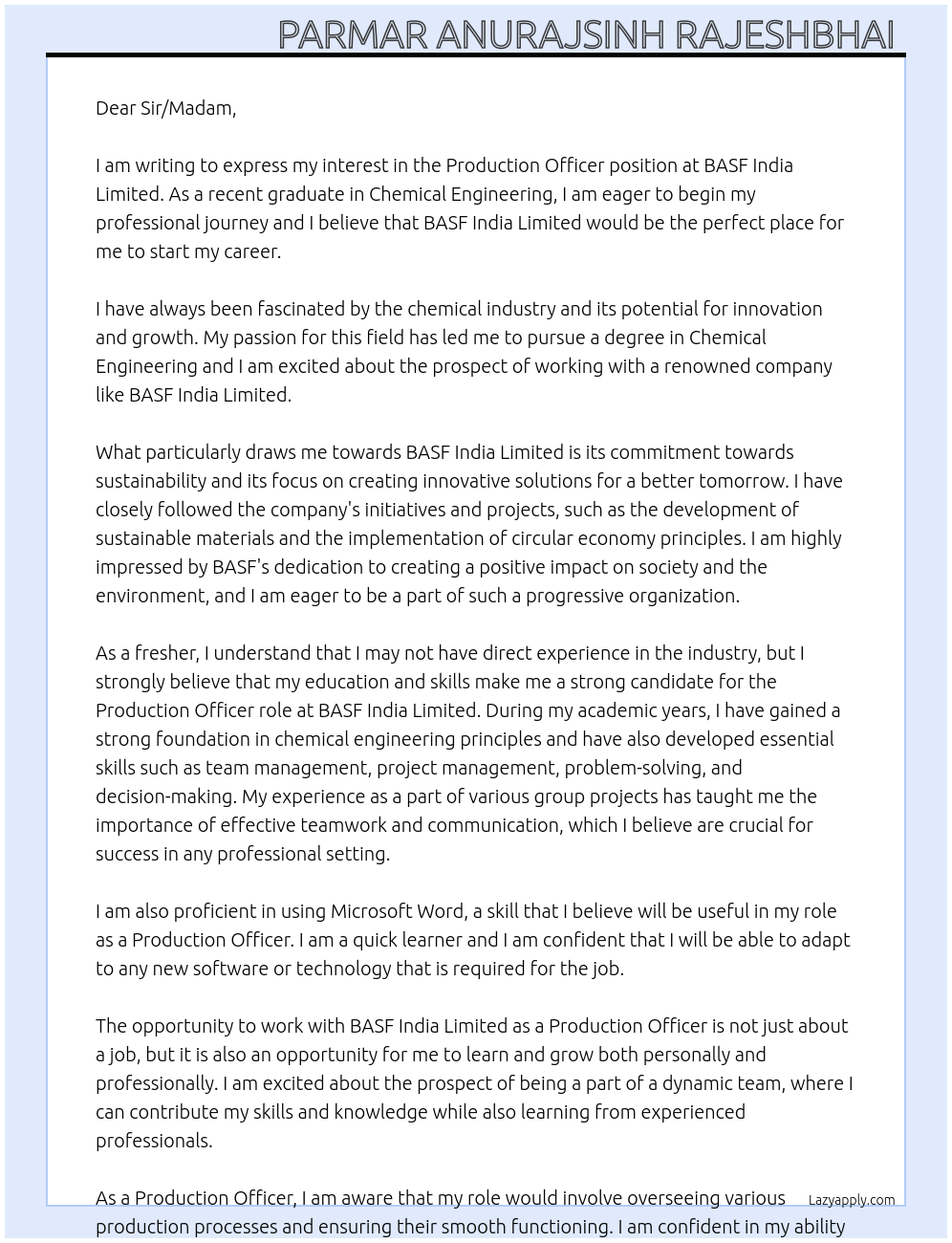 Production officer At BASF India limited Cover Letter