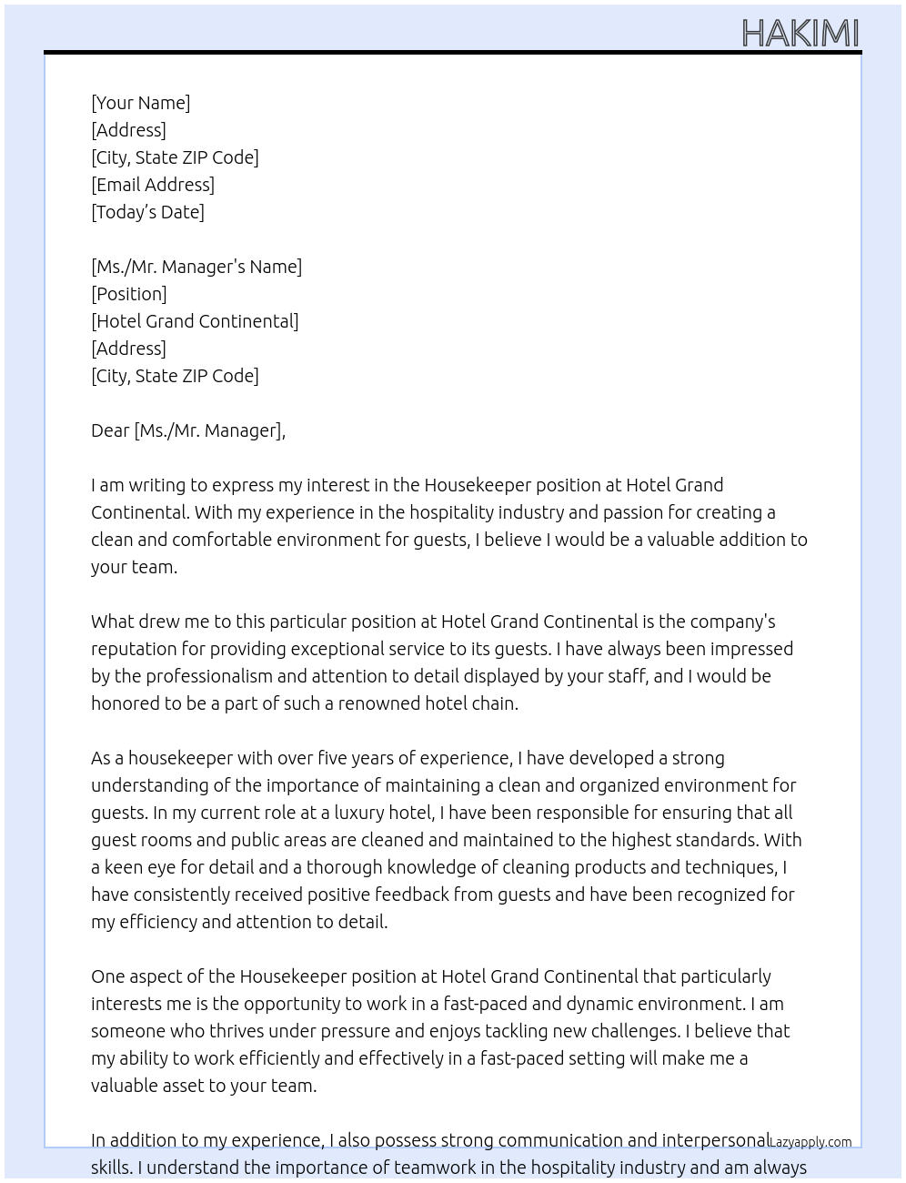 Housekeeper At Hotel grand continental Cover Letter