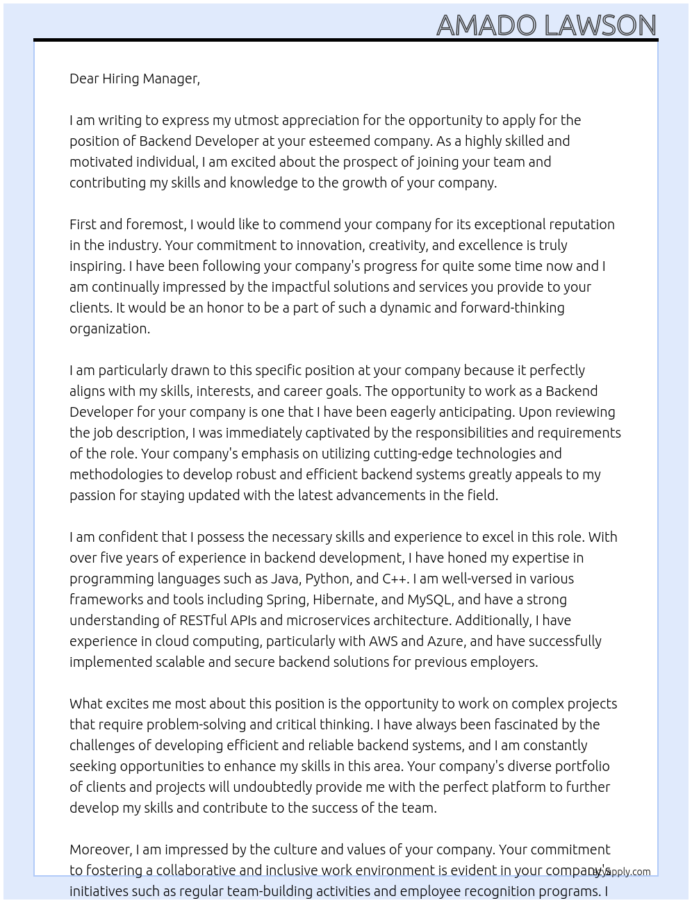 Backend Developer At your company Cover Letter