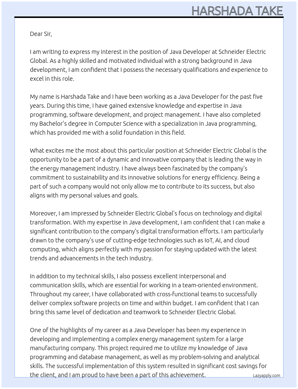 Java Developer At Schneider Electric Global Cover Letter