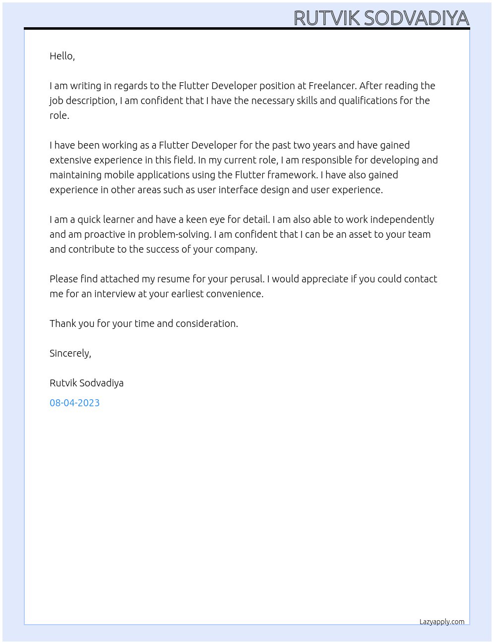 Flutter Developer At Freelancer Cover Letter