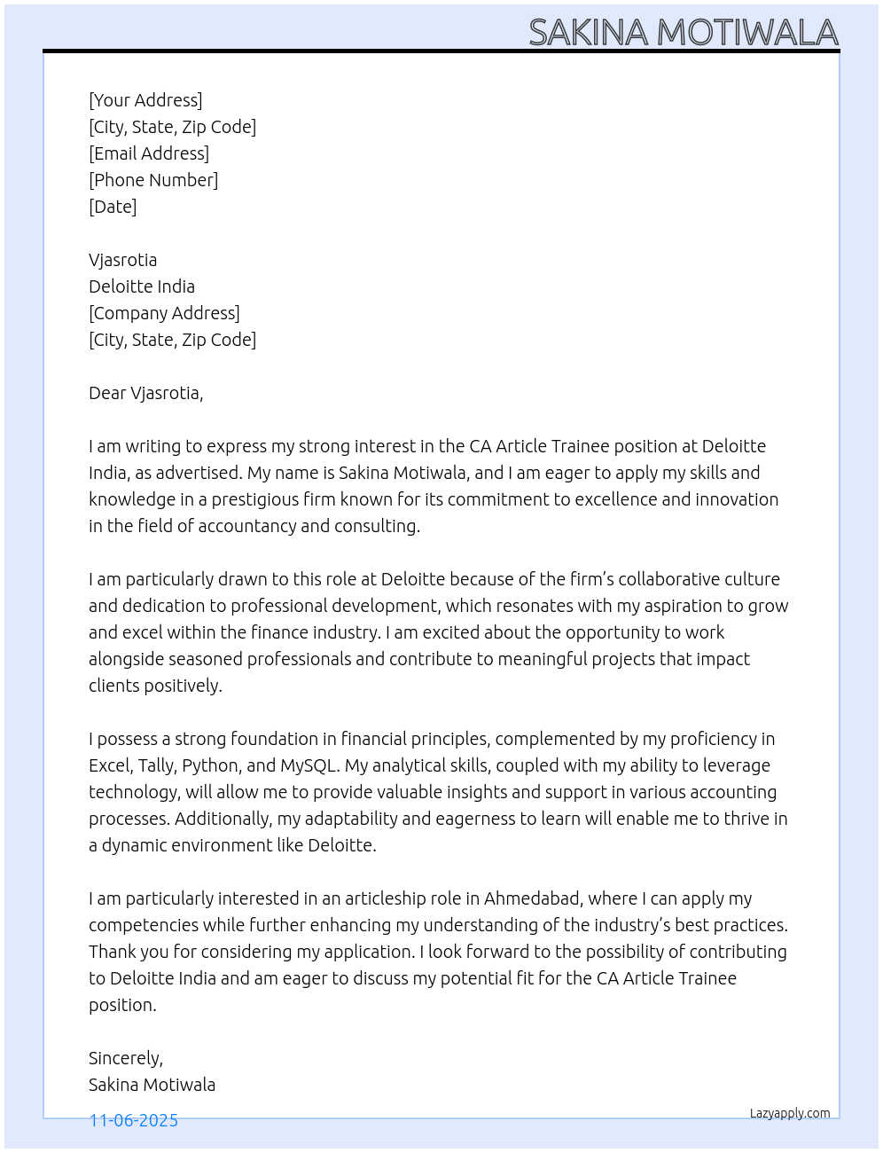 Cover letter for ca article trainee - LazyApply