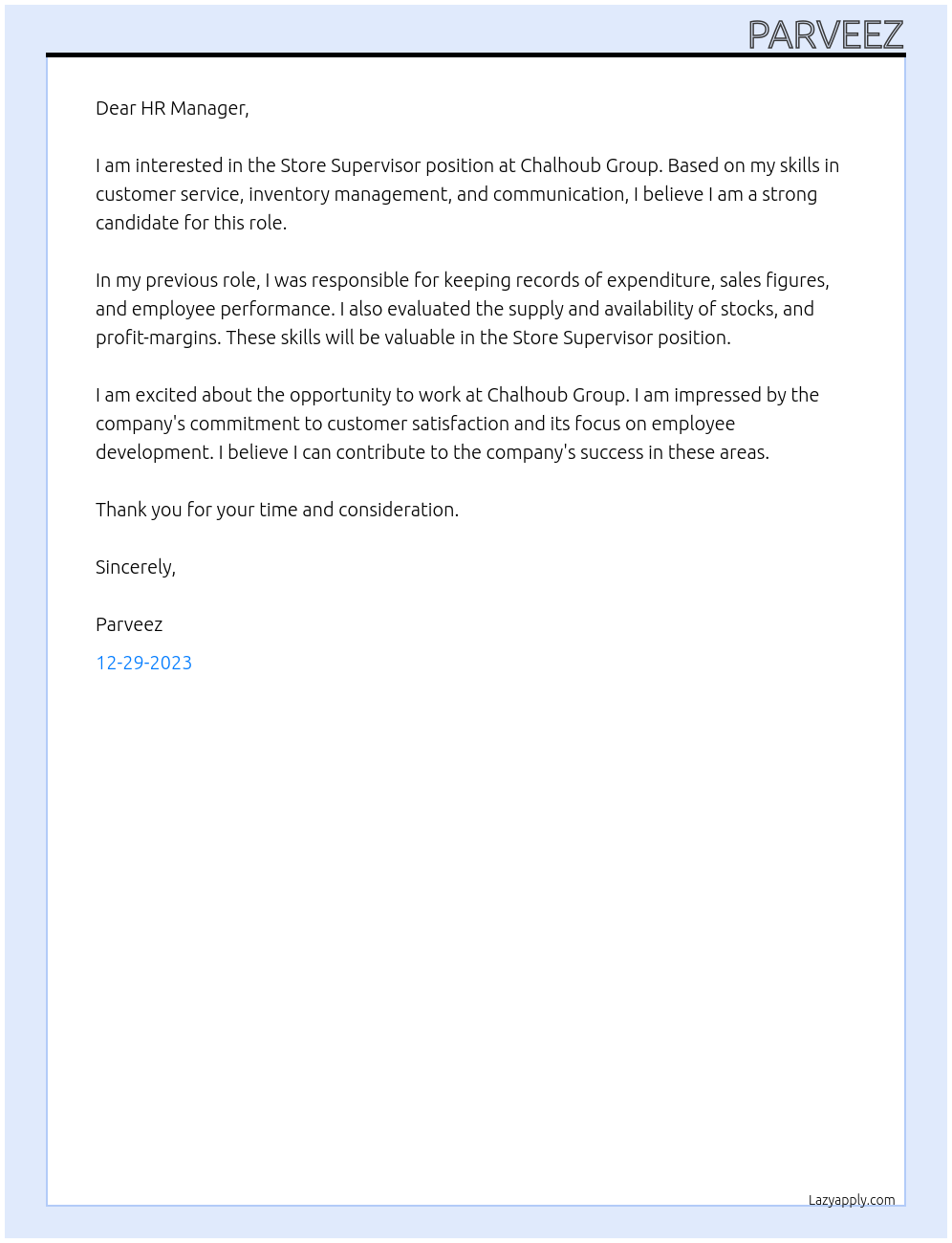 STORE SUPERVISOR At CHALHOUB GROUP Cover Letter