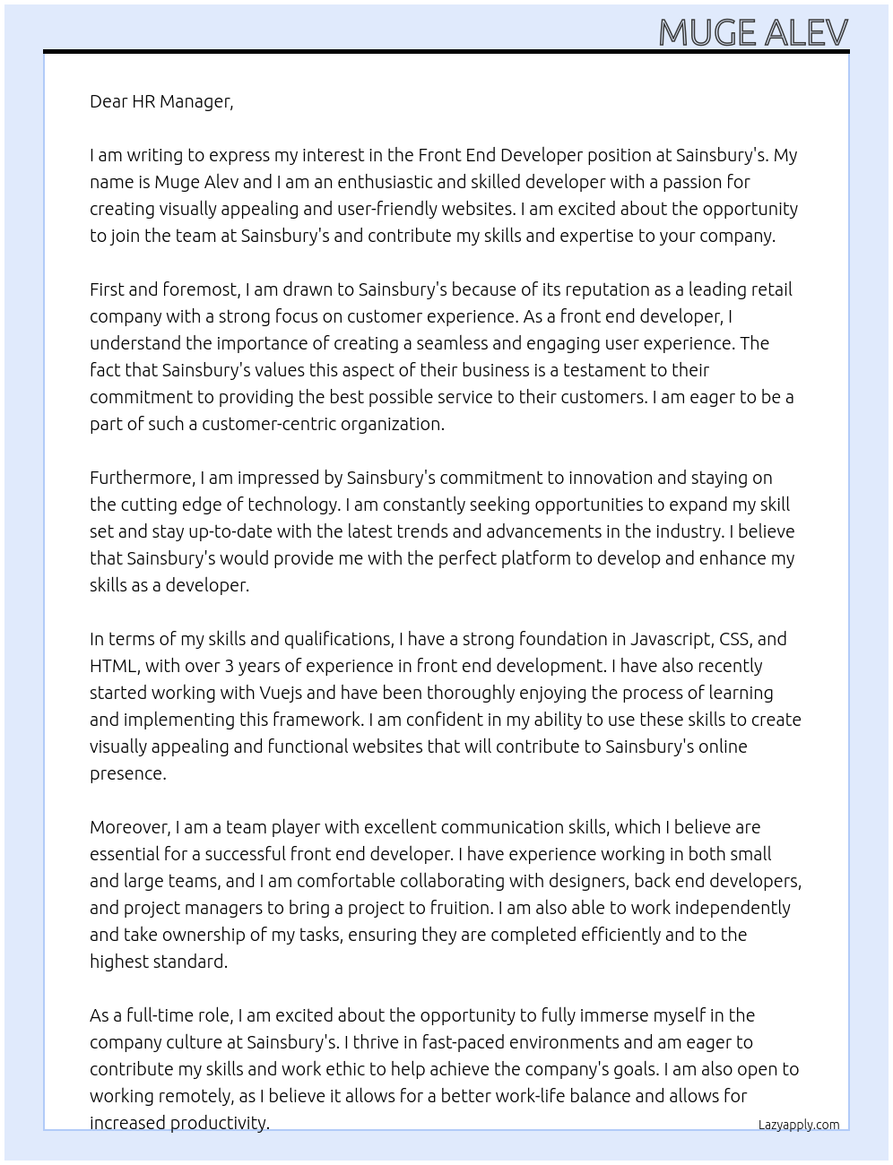 Front End Developer At Sainsbury's Cover Letter