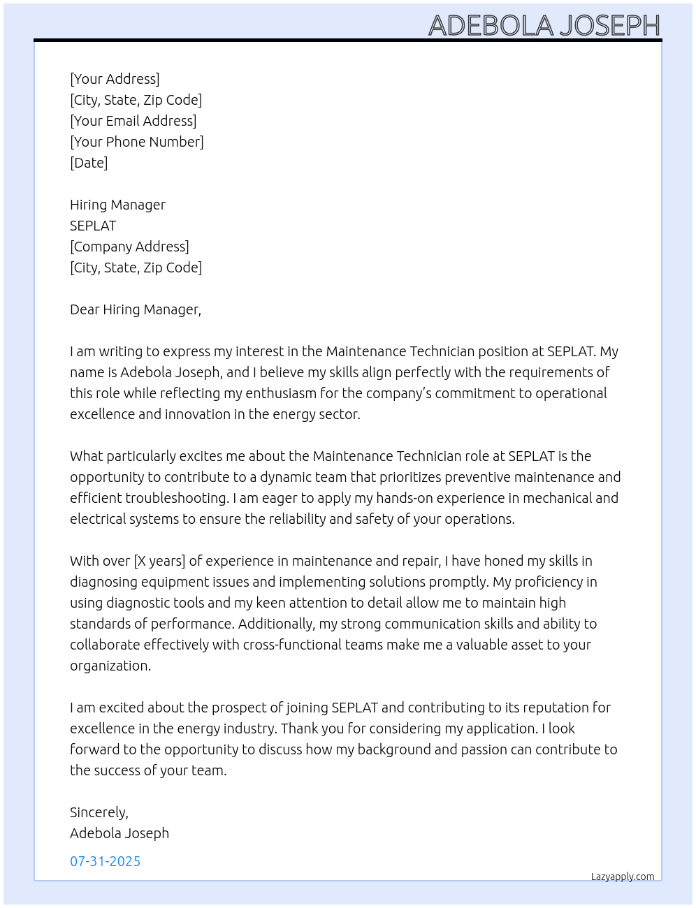 Cover letter for maintenance technician - LazyApply