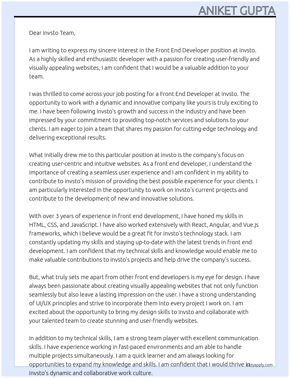 front end developer At invsto Cover Letter