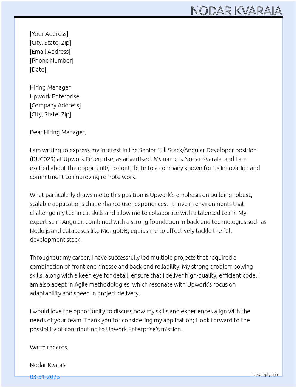 Cover letter for duc029 senior full stack/angular developer - LazyApply