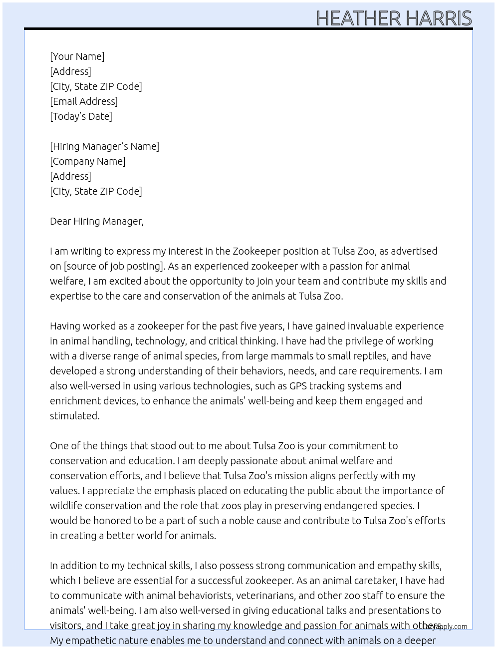 Zookeeper At Tulsa Zoo Cover Letter