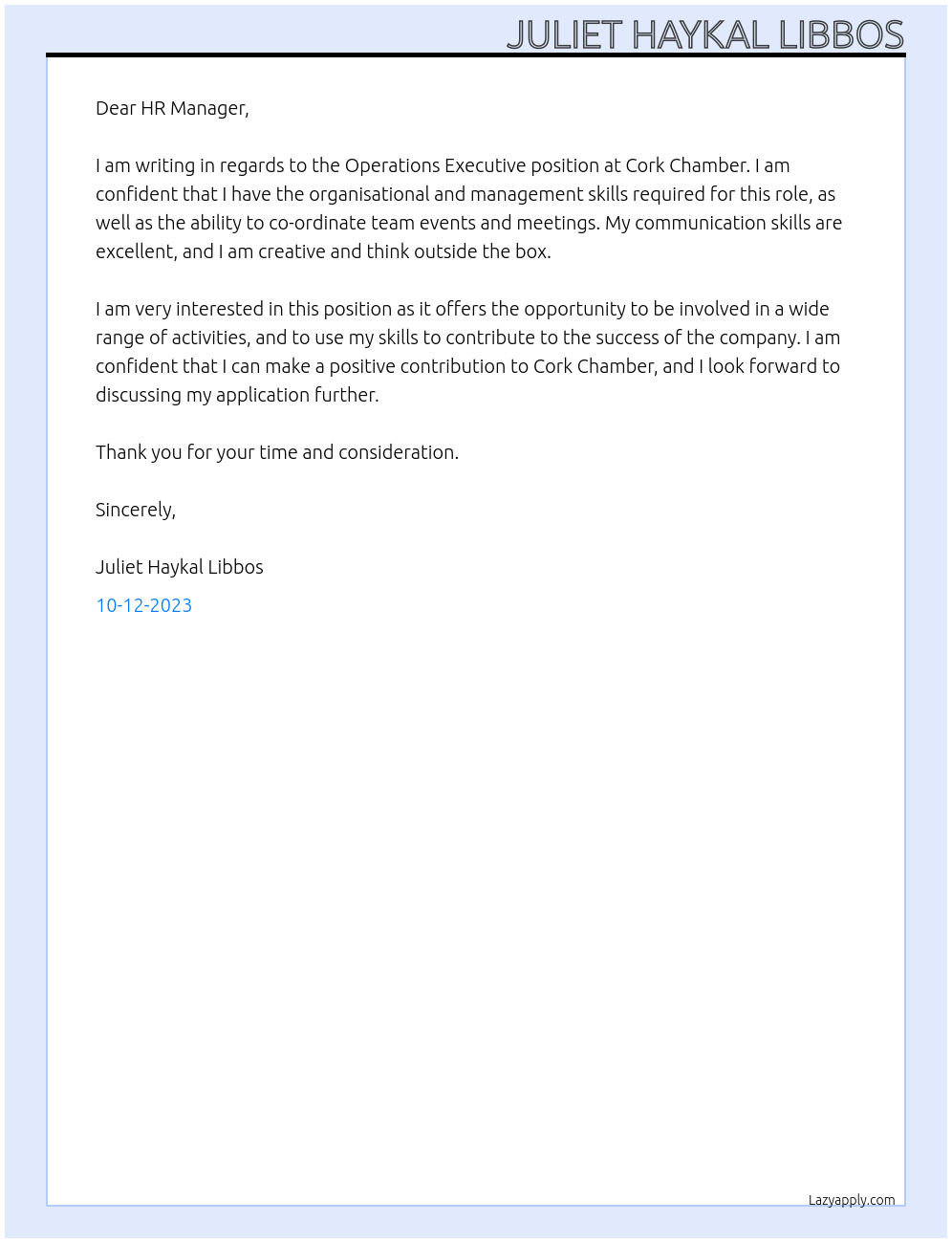 Operations Executive At Cork Chamber Cover Letter