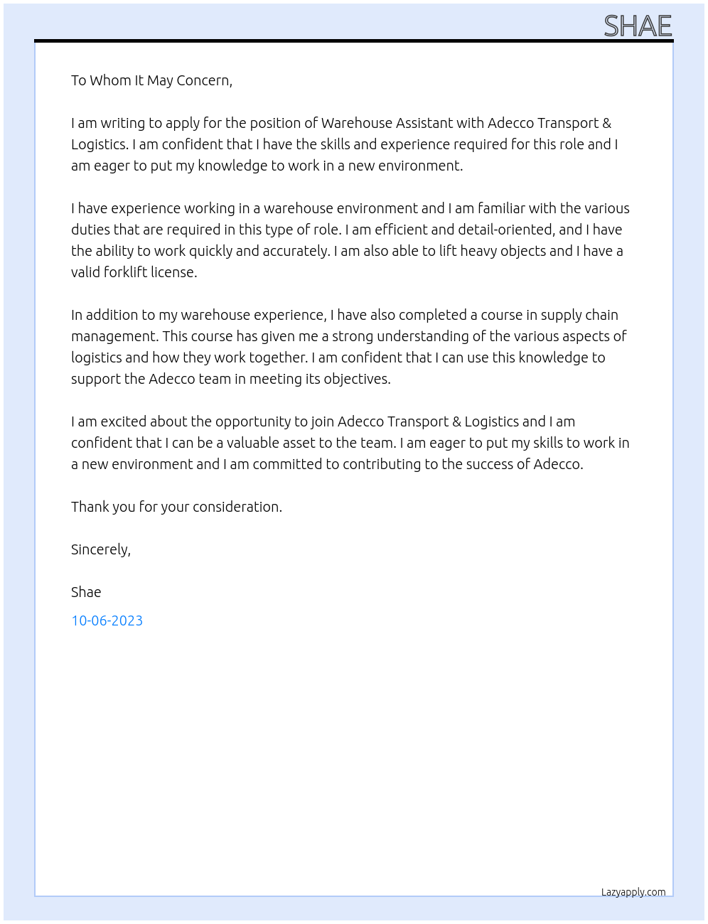 Warehouse Assistant At Adecco Transport & Logistics Cover Letter