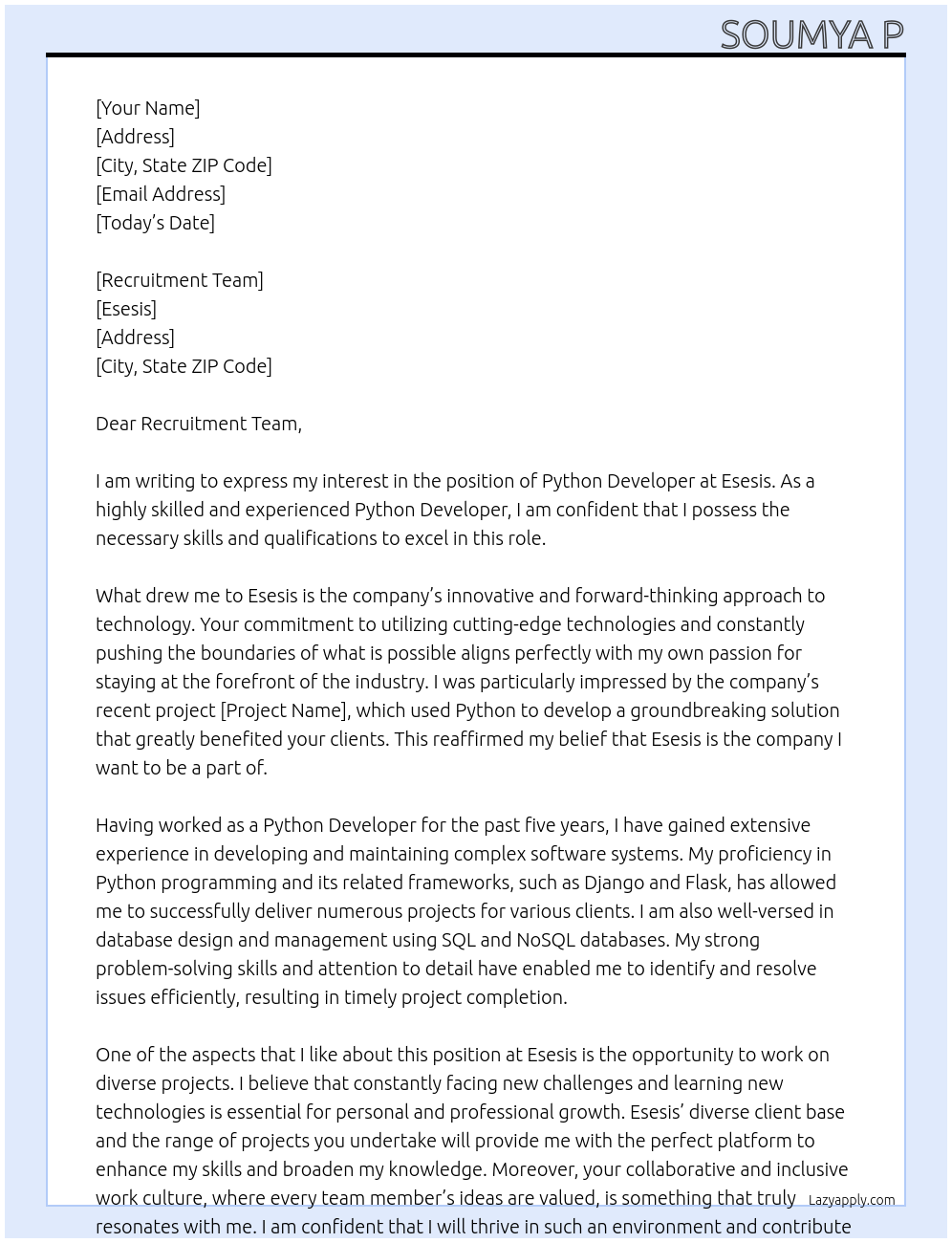 python developer At esesis Cover Letter