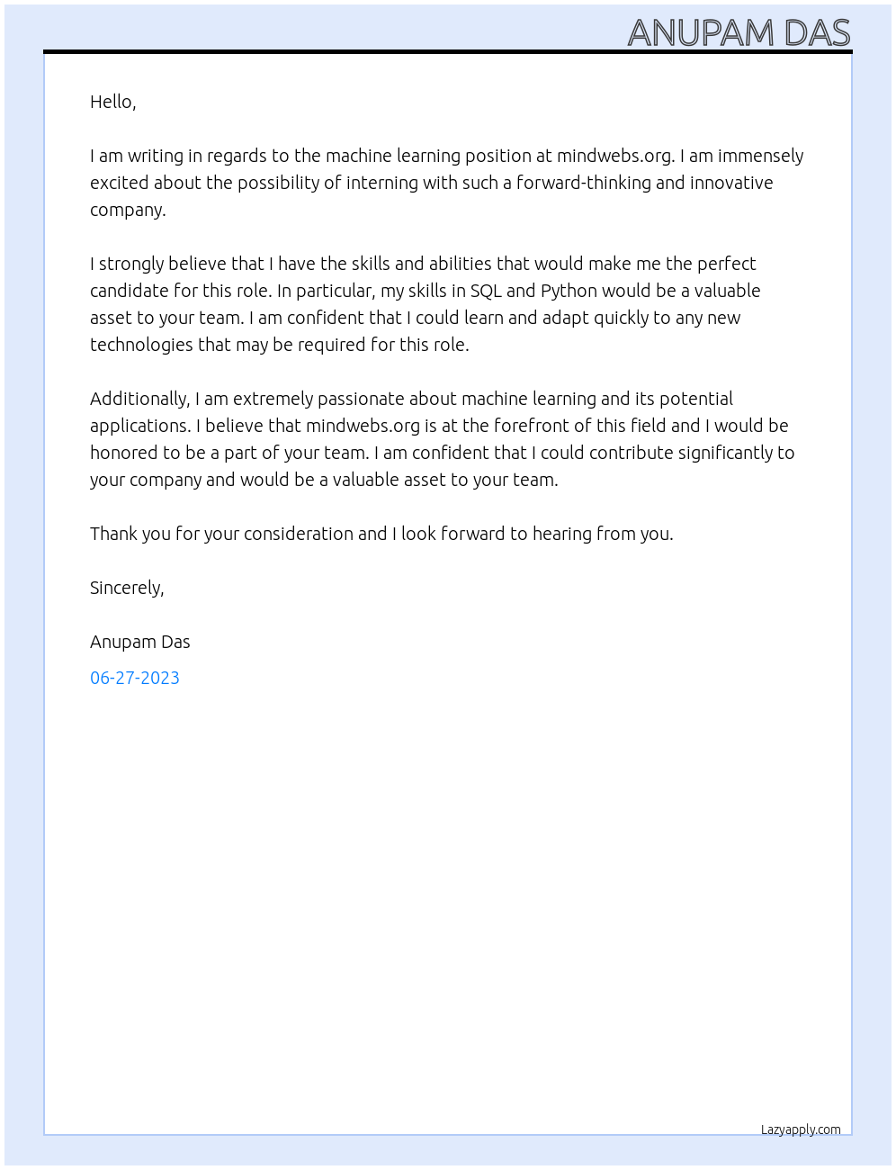 Machine learning At mindwebs.org Cover Letter