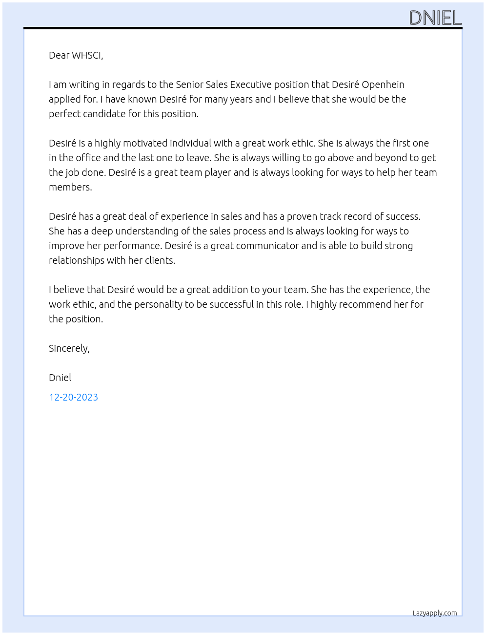 Senior Sales Executive At WHSCI Cover Letter