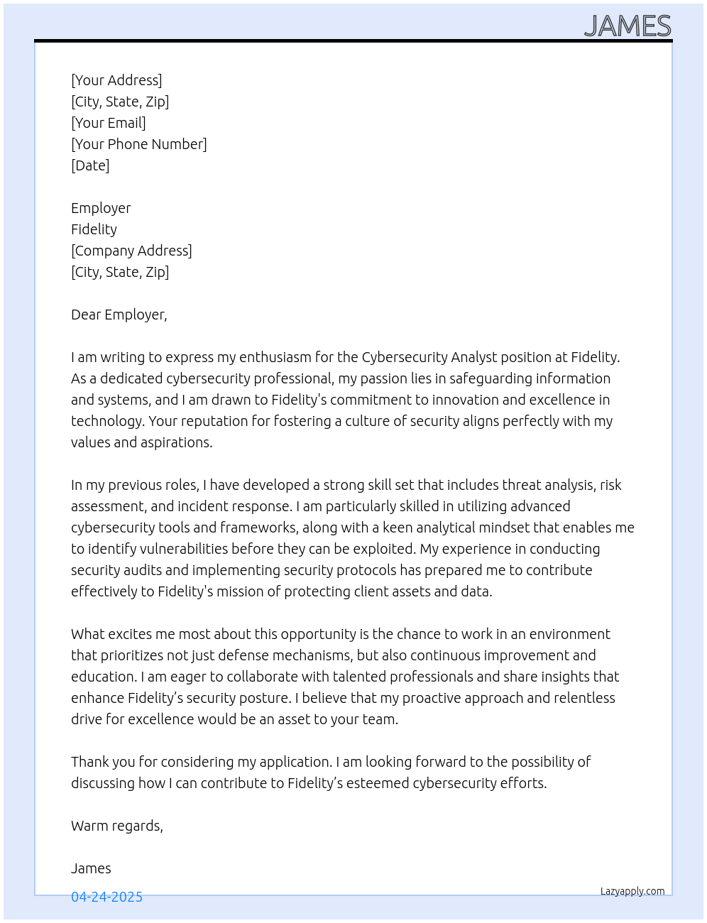 Cover letter for cybersecurity analyst - LazyApply