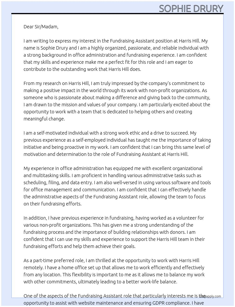 Fundraising Assistant At Harris Hill Cover Letter