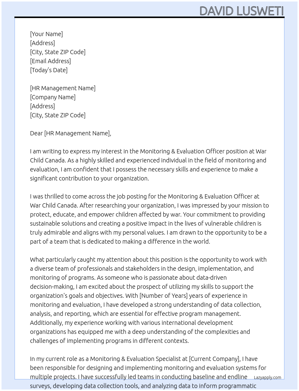 Monitoring & Evaluation Officer At War Child Canada Cover Letter