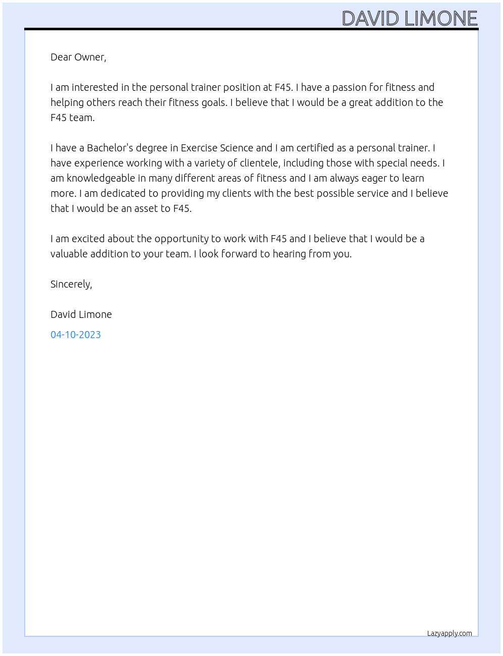 Personal Trainer At F45 Cover Letter