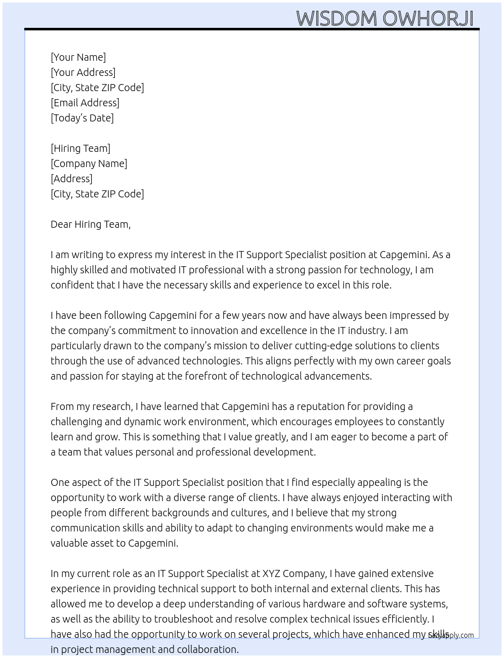 IT Support Specialist At Capgemini Cover Letter