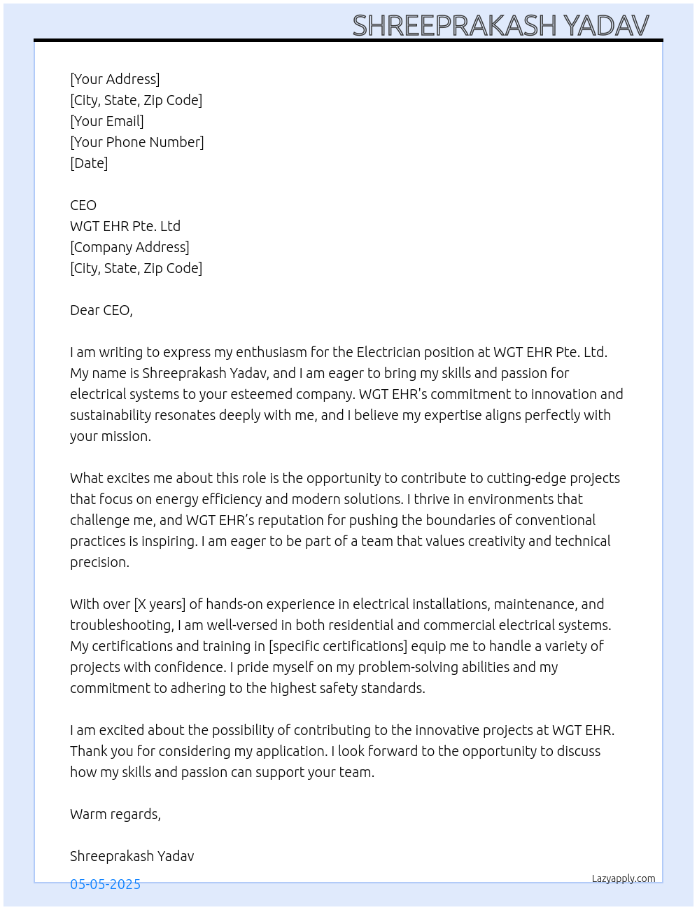 Electrician At WGT EHR pte. Ltd Cover Letter