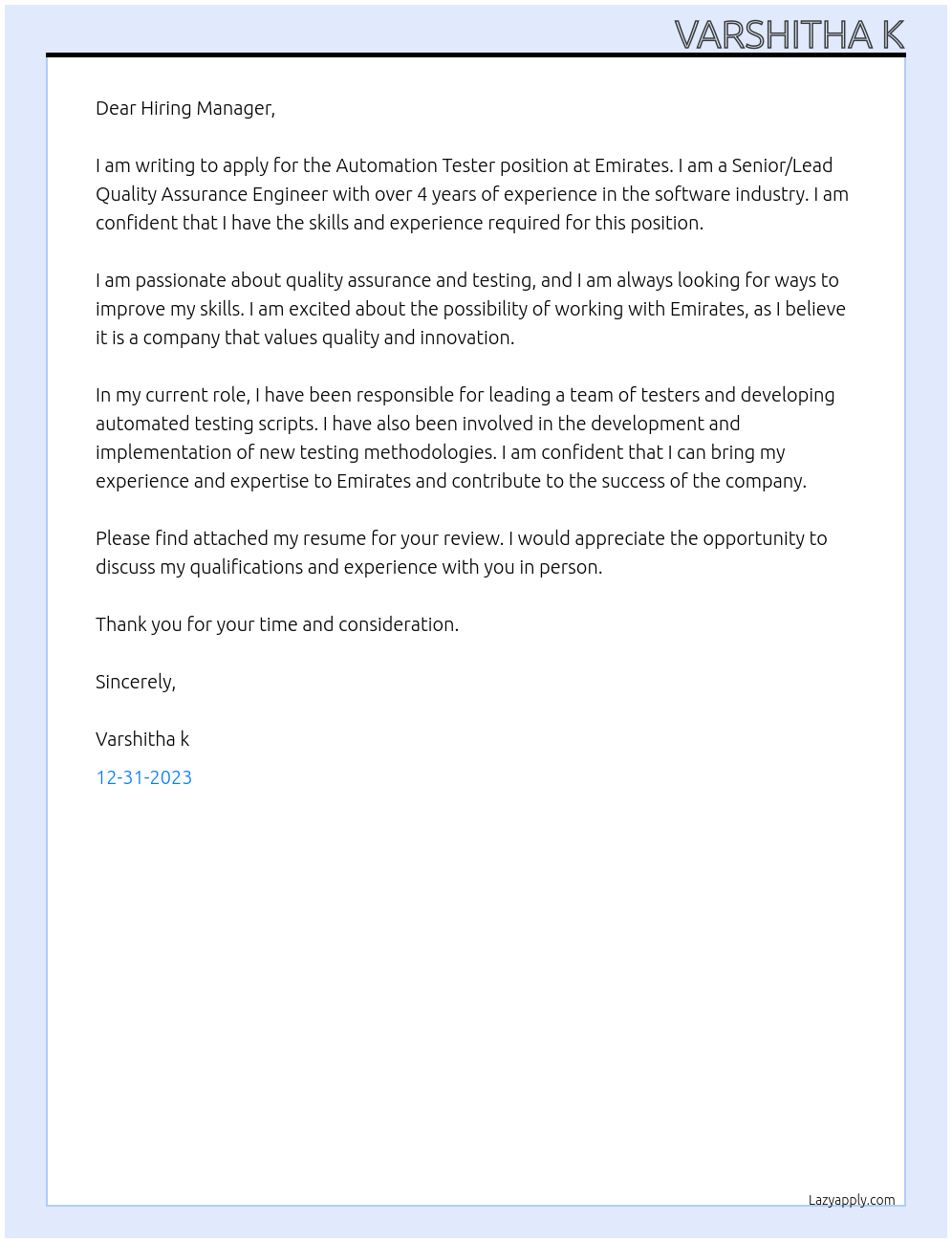 Automation Tester At Senior/ Lead Quality Assurance Engineer Cover Letter