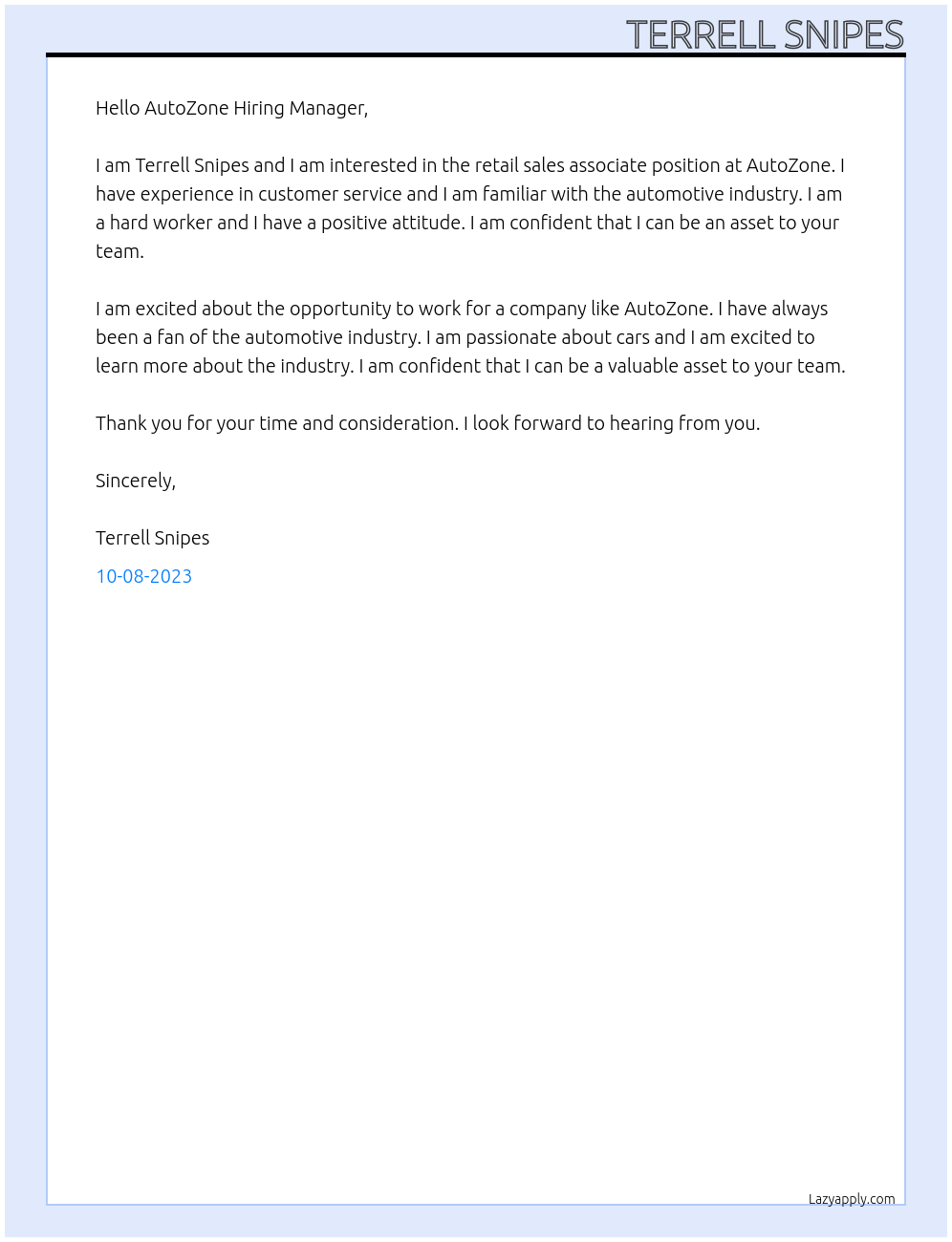 retail sales associate  At Auto zone Cover Letter